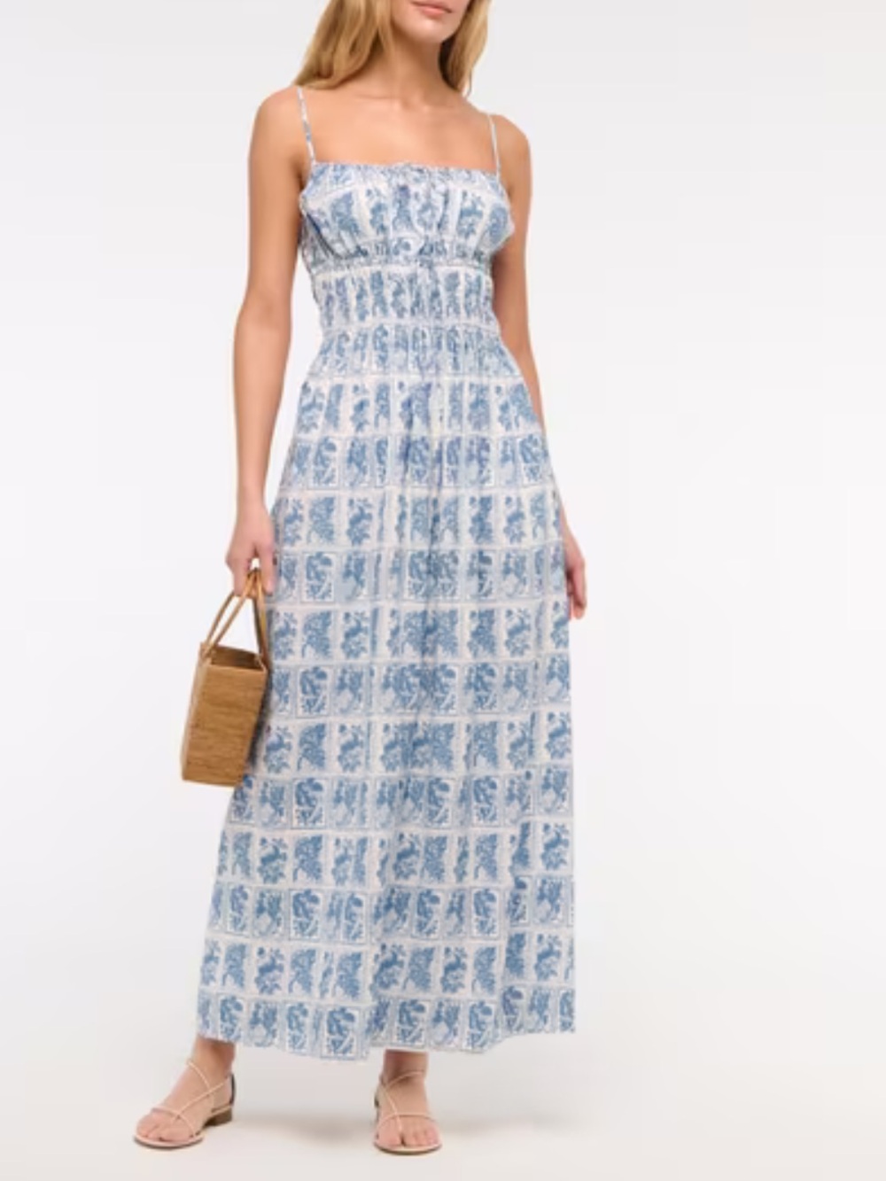 Abercrombie & Fitch White and Blue Tile-Print Smocked Maxi Dress